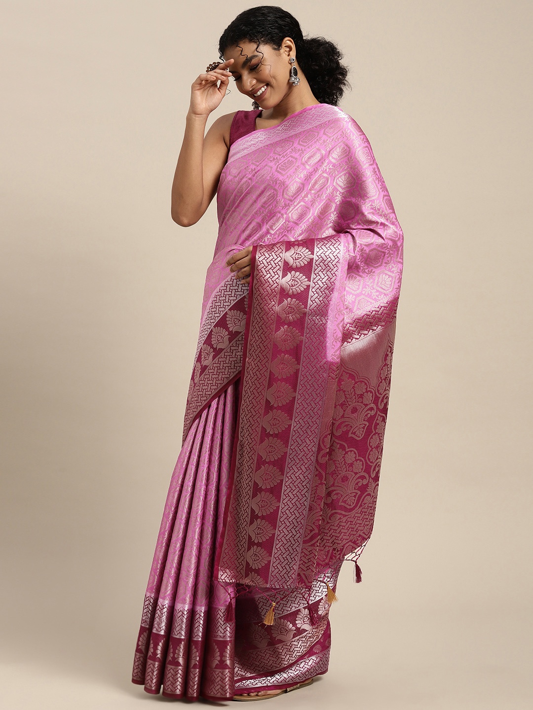 

MIMOSA Pink & Maroon Ethnic Motifs Woven Design Zari Art Silk Kanjeevaram Saree