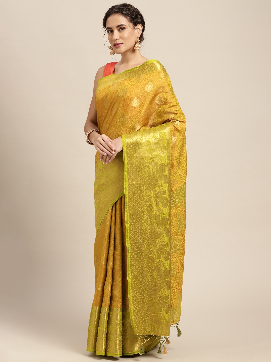 

MIMOSA Yellow & Lime Green Floral Woven Design Zari Art Silk Kanjeevaram Saree