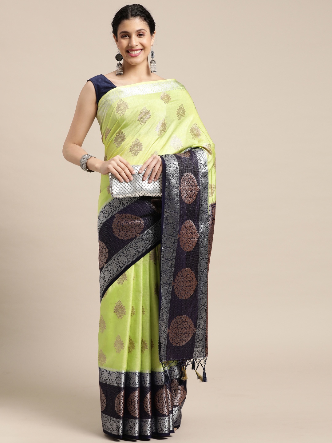 

MIMOSA Lime Green & Black Ethnic Motifs Zari Art Silk Kanjeevaram Saree