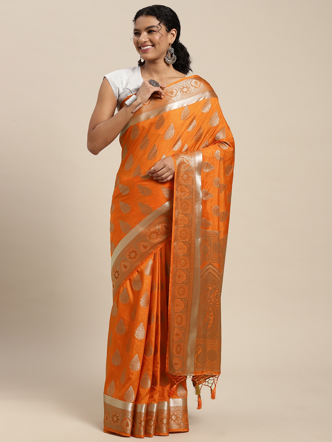 

MIMOSA Orange & Grey Ethnic Motifs Woven Design Zari Art Silk Kanjeevaram Saree