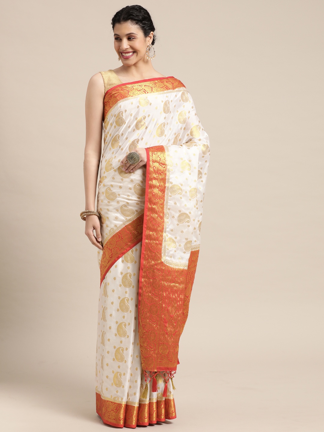 

MIMOSA White & Golden Ethnic Motifs Zari Mysore Silk Saree