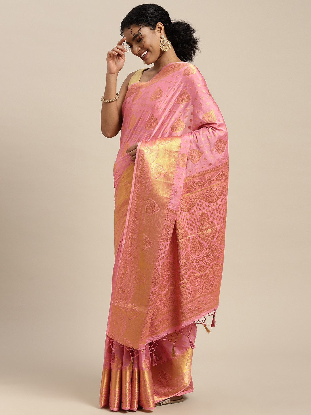 

MIMOSA Pink & Golden Ethnic Motifs Zari Mysore Silk Saree