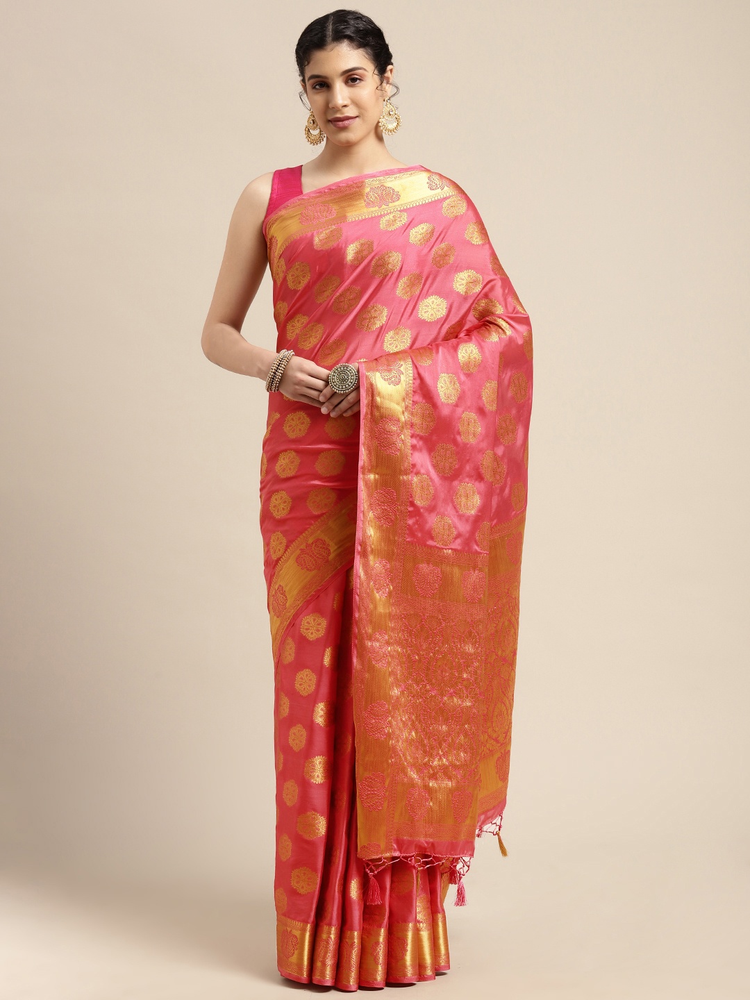 

MIMOSA Pink & Golden Ethnic Motifs Printed Mysore Silk Poly Crepe Saree