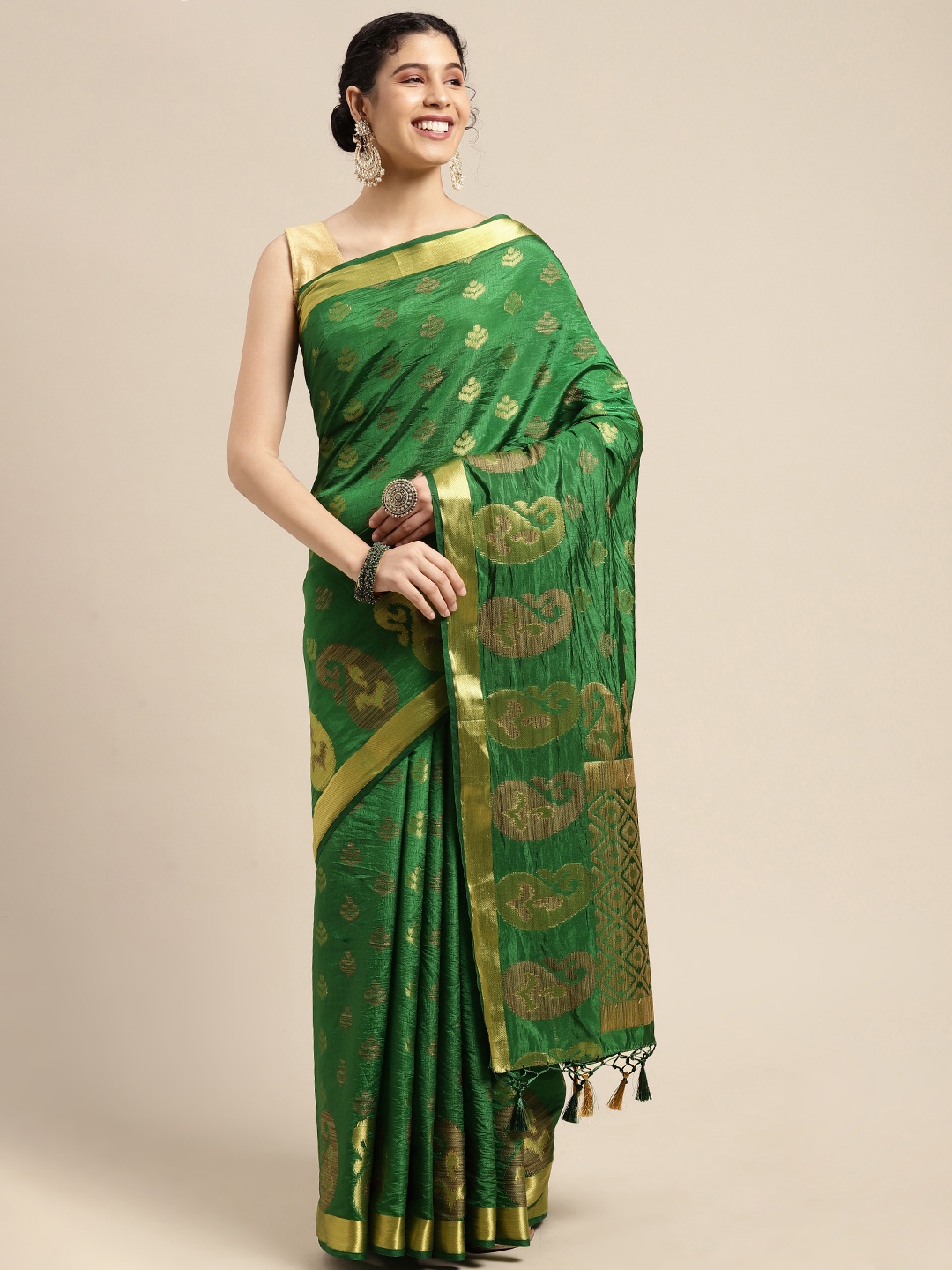 

MIMOSA Green & Golden Ethnic Motifs Zari Art Silk Kanjeevaram Saree