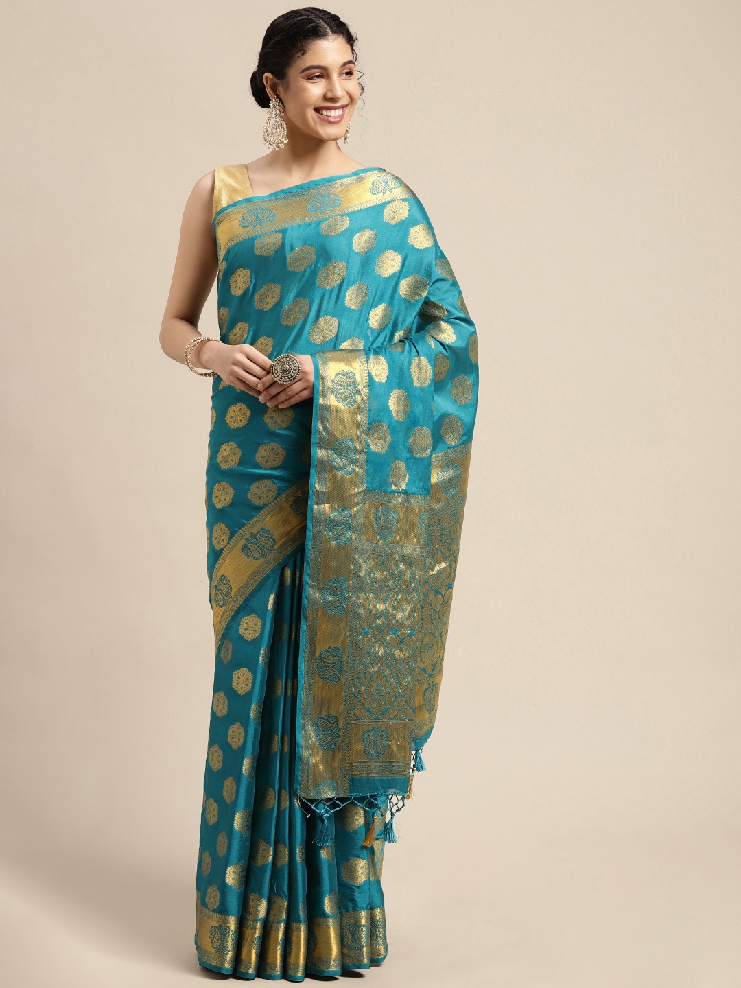 

MIMOSA Teal & Gold-Toned Ethnic Motifs Woven Design Zari Mysore Silk Saree