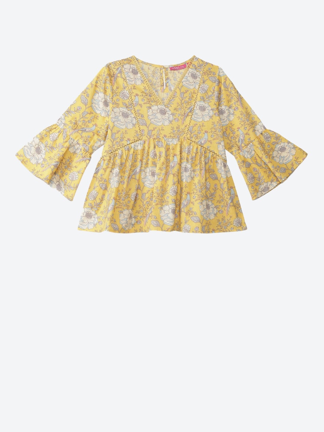 

Biba Yellow Floral Print Pure Cotton Empire Top