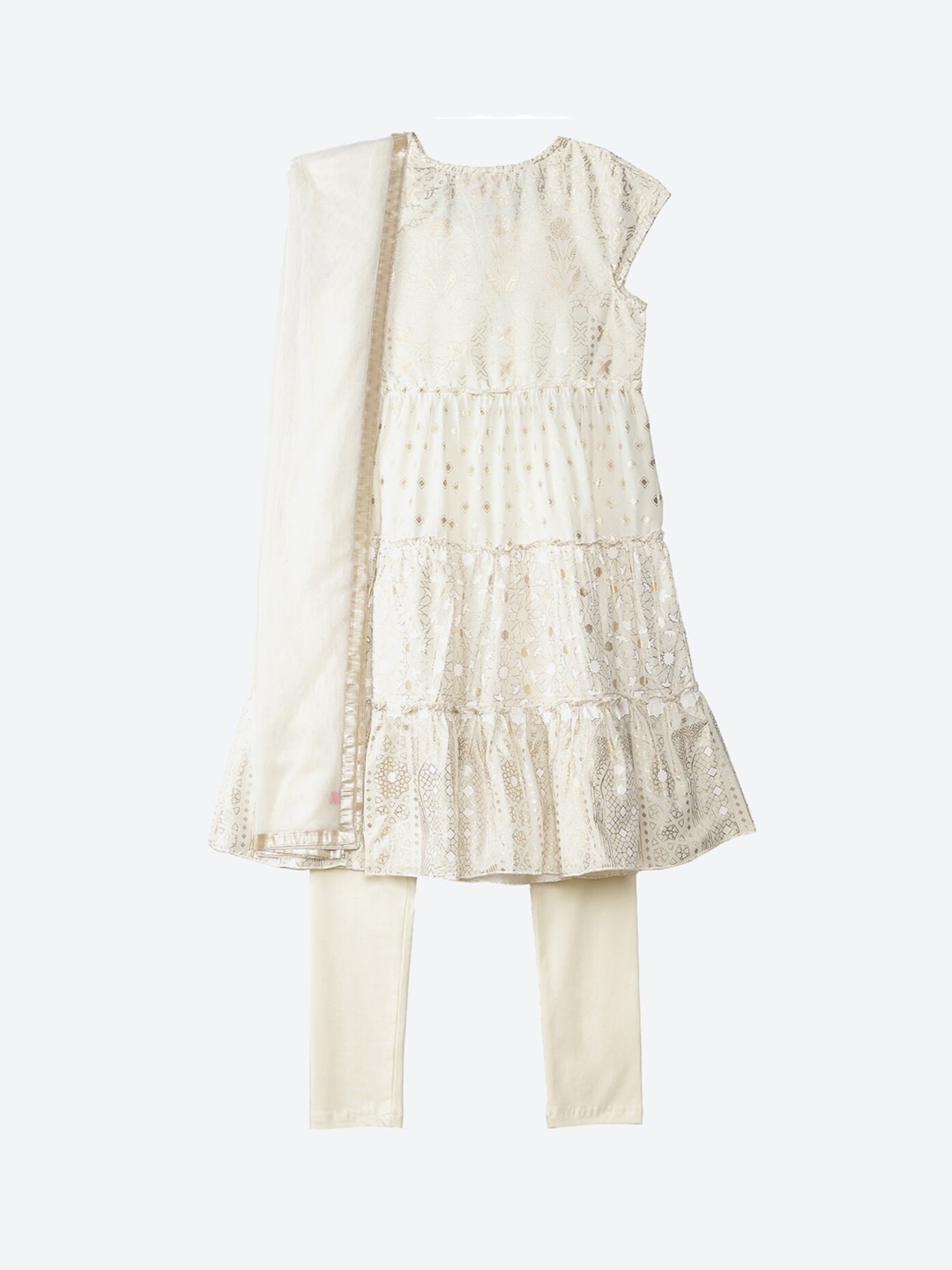 

Biba Girls Off White Embroidered Angrakha Kurta with Churidar Dupatta