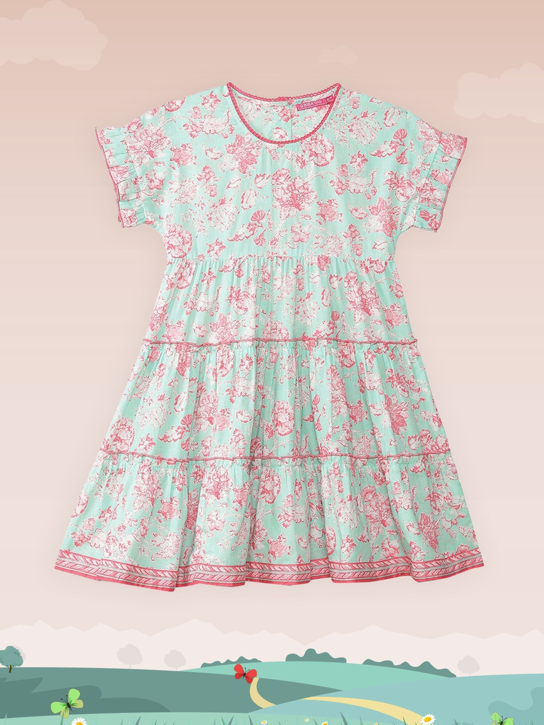 

Biba Turquoise Blue & Pink Floral Ethnic A-Line Cotton Dress