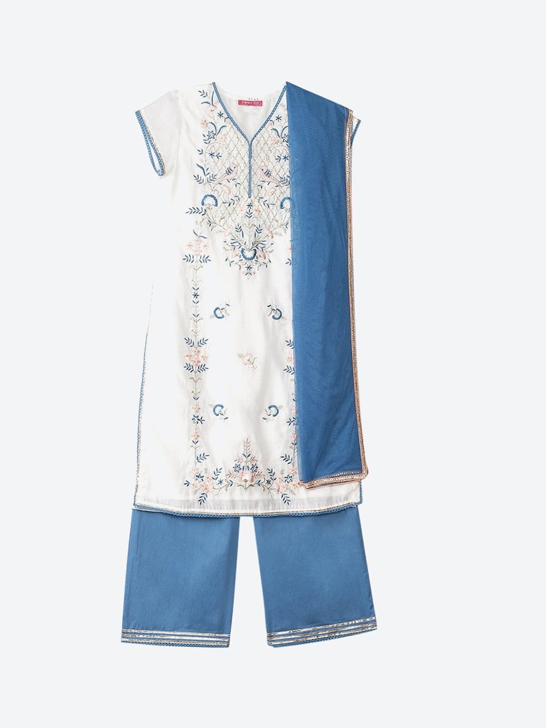 

Biba Girls White Floral Embroidered Kurta with Pyjamas & With Dupatta