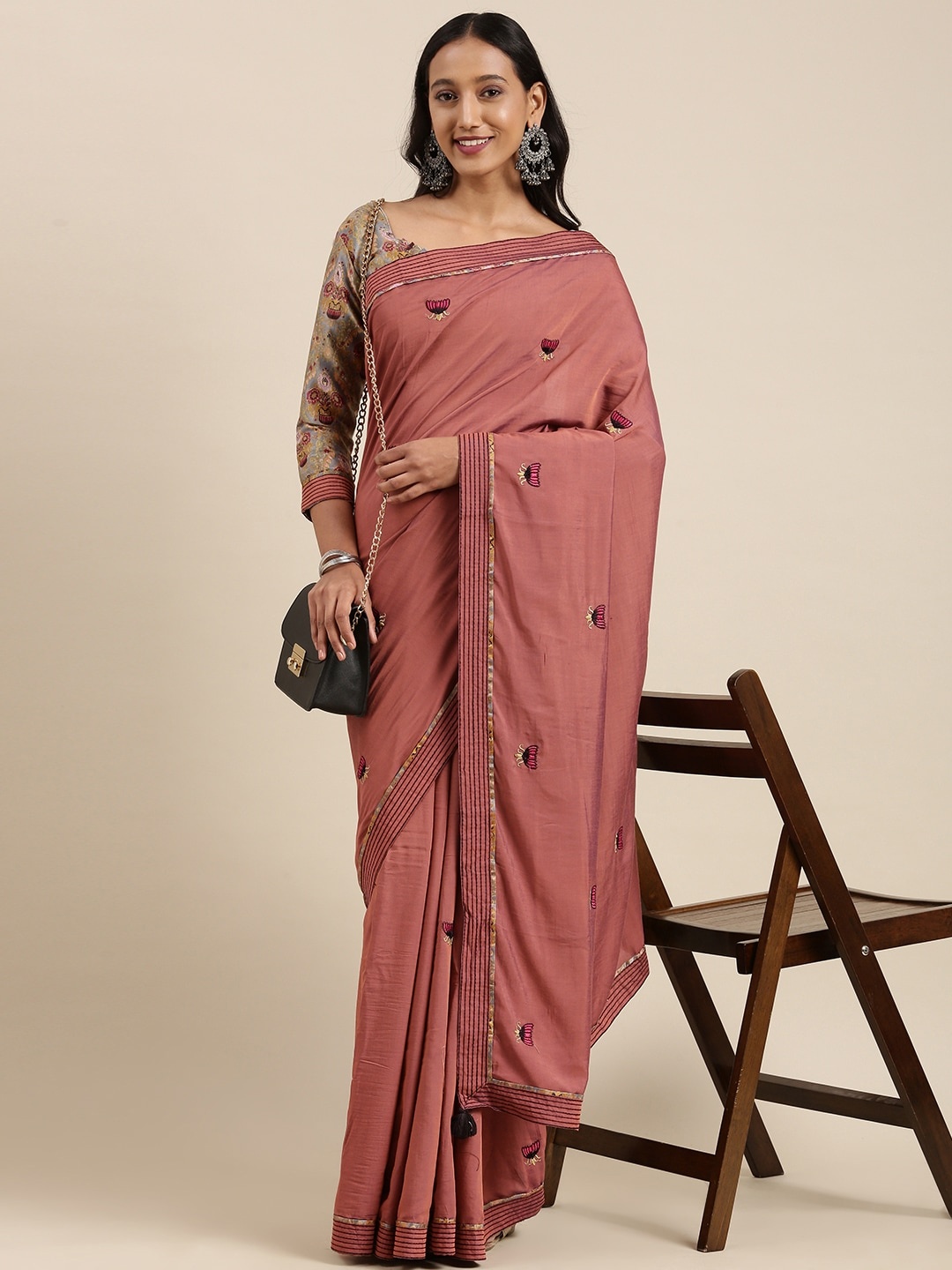 

Mitera Dusty Pink Ethnic Motifs Embroidered Silk Blend Saree, Rose