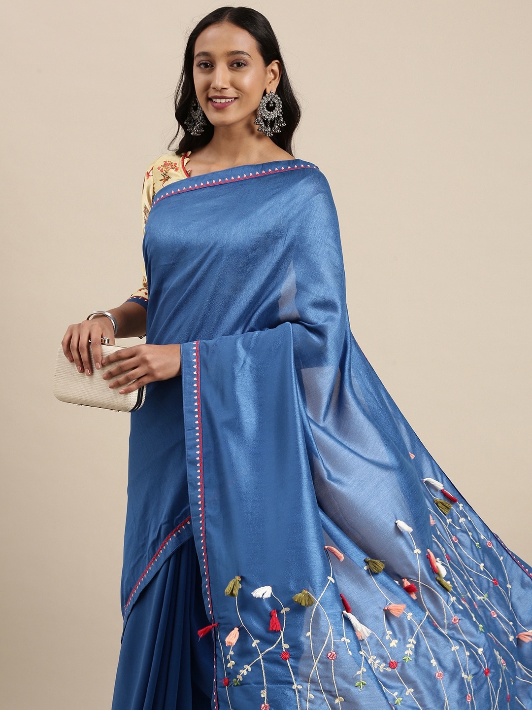 

Mitera Blue Floral Embroidered Satin Saree