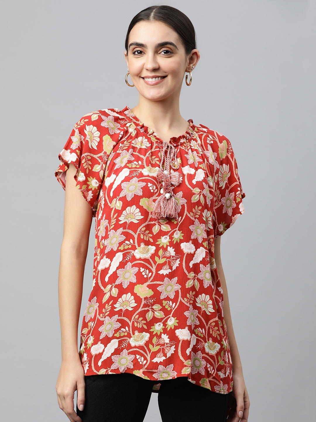 

Marks & Spencer Red & Beige Floral Print Tie-Up Neck Extended Sleeves Top