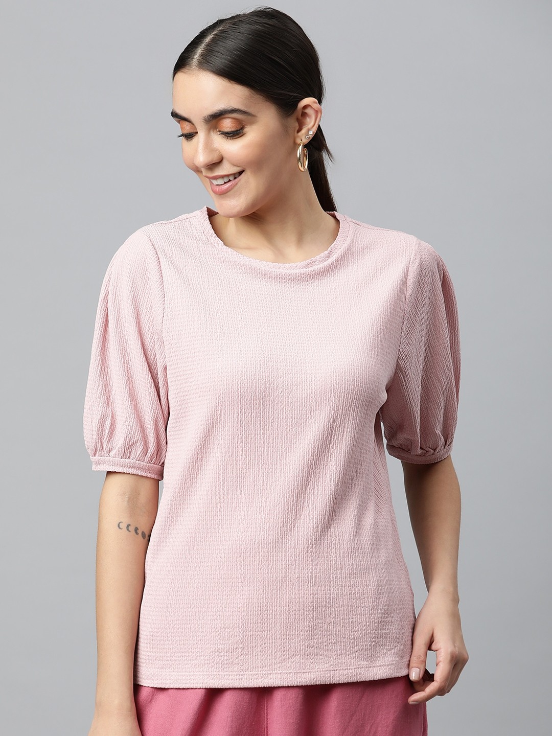 

Marks & Spencer Pink Solid Puff Sleeves Top
