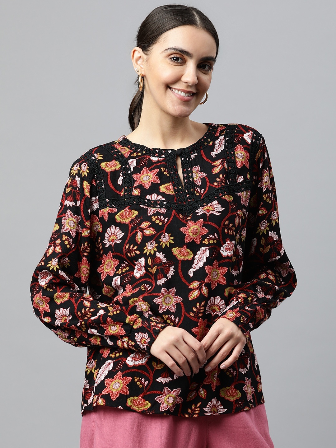 

Marks & Spencer Black & Red Floral Print Keyhole Neck Top