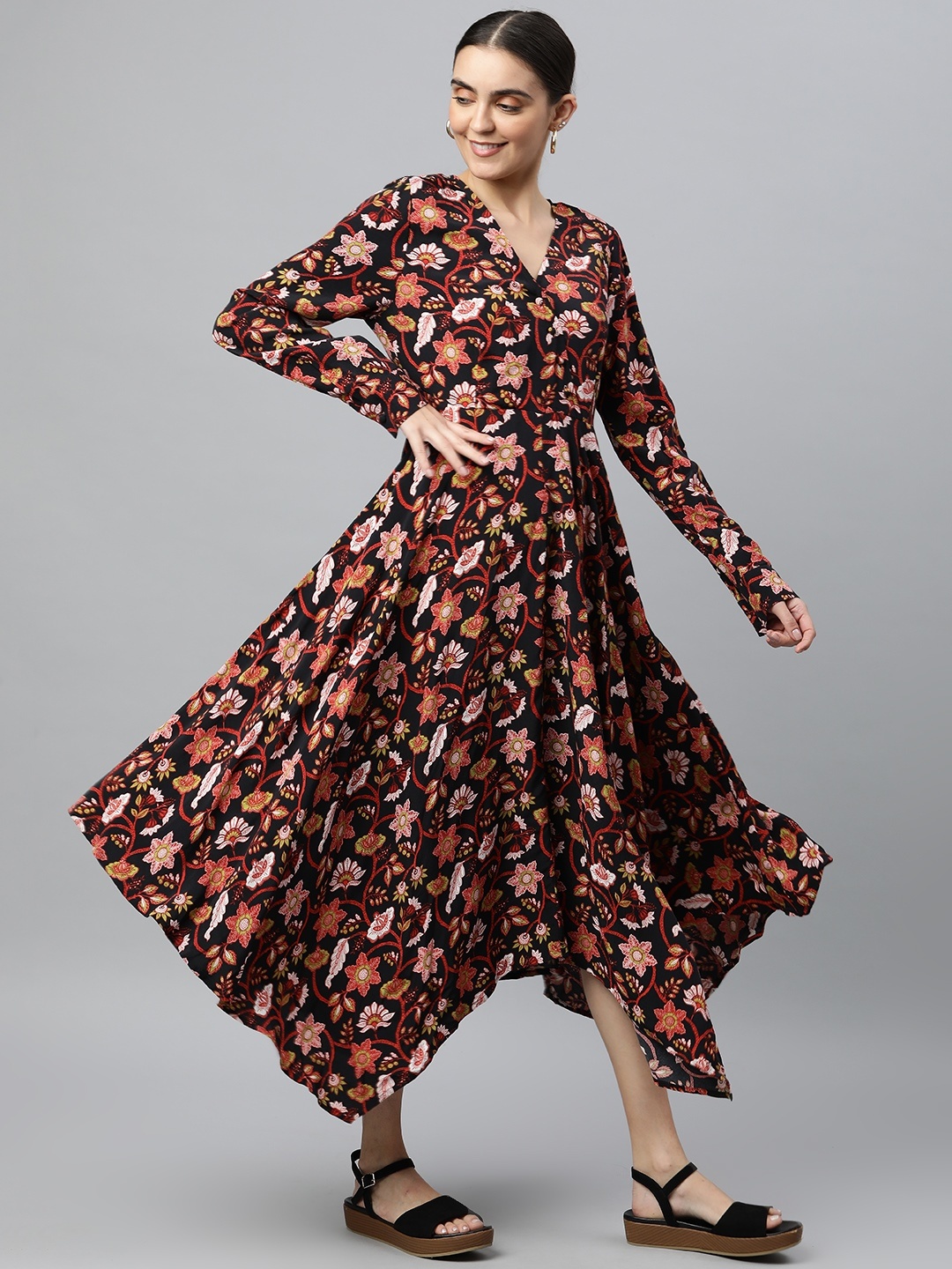 

Marks & Spencer Black & Red Floral A-Line Midi Dress