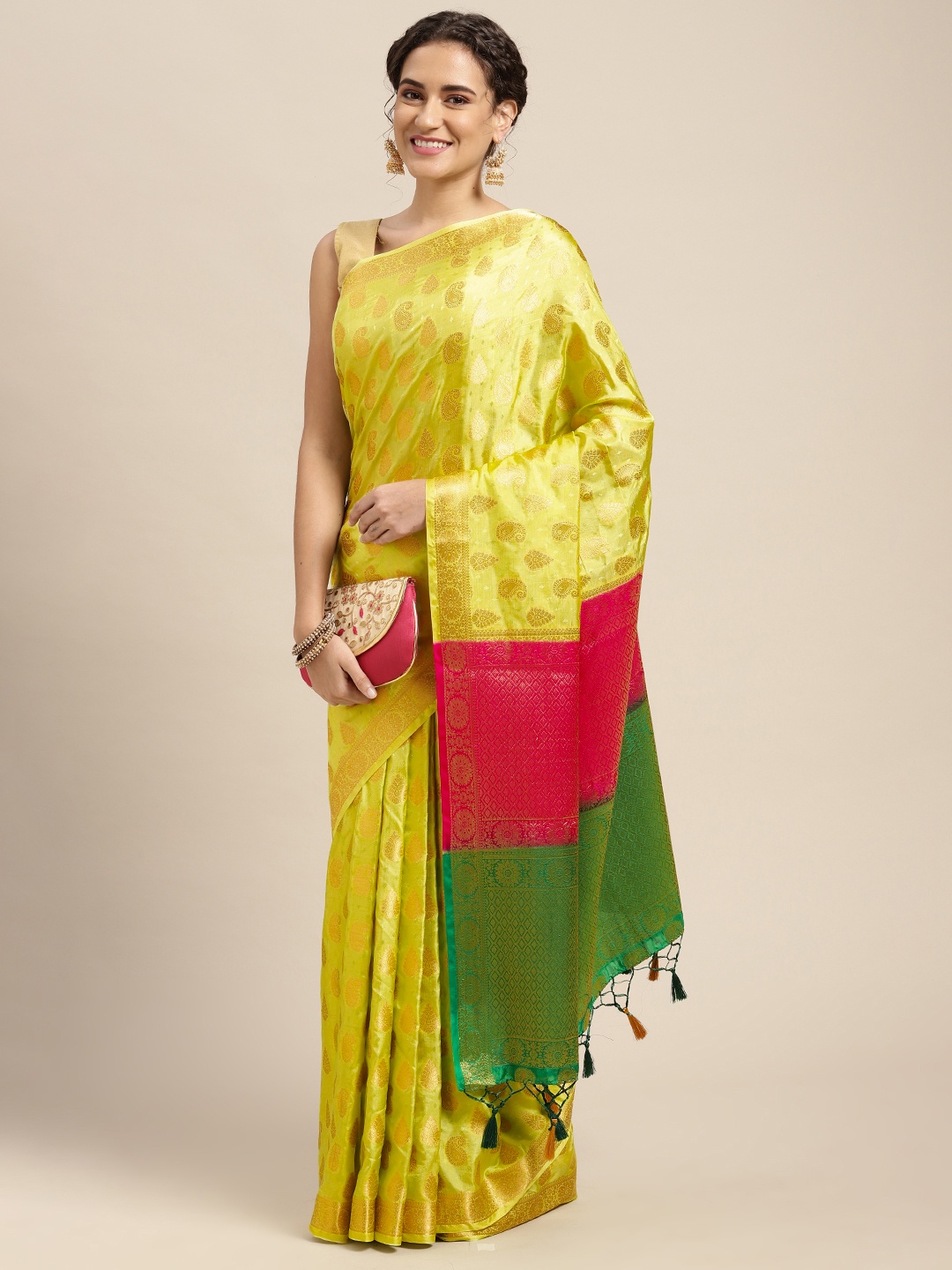 

MIMOSA Lime Green & Pink Ethnic Motifs Woven Design Zari Art Silk Kanjeevaram Saree