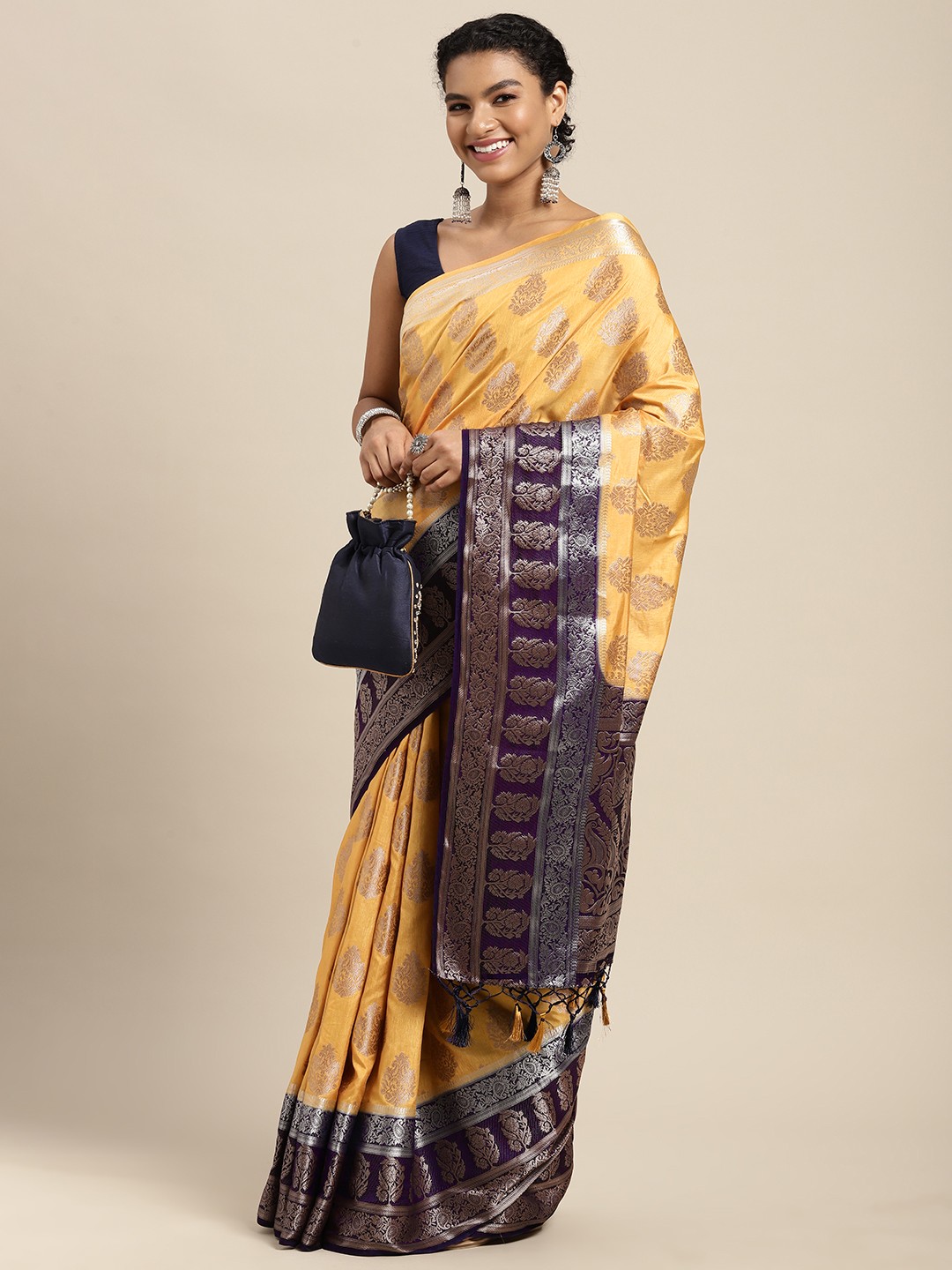 

MIMOSA Beige & Navy Blue Ethnic Motifs Saree