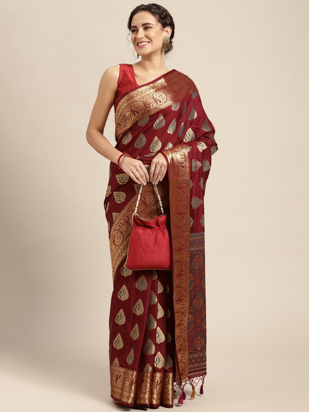 

MIMOSA Burgundy & Gold-Toned Ethnic Motifs Woven Design Zari Art Silk Kanjeevaram Saree
