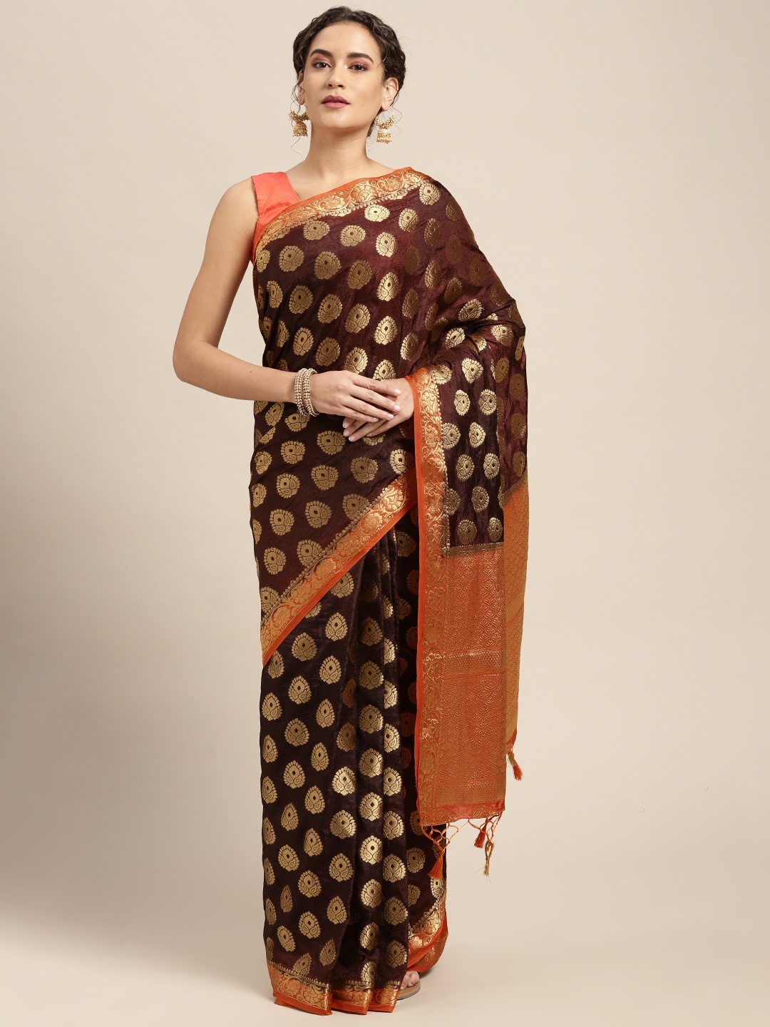 

MIMOSA Coffee Brown & Gold-Toned Ethnic Motifs Zari Art Silk Kanjeevaram Saree