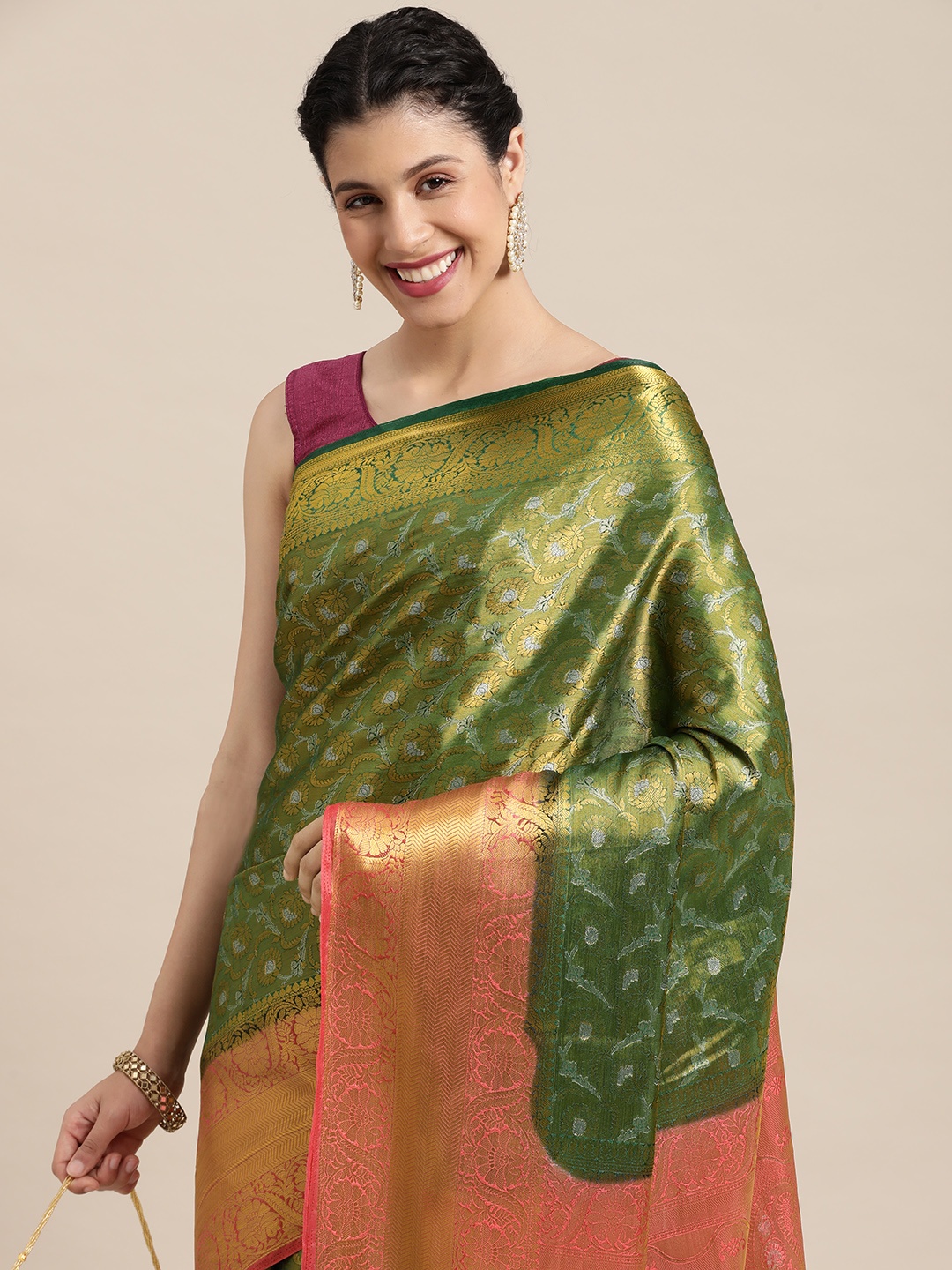 

MIMOSA Green & Pink Ethnic Motifs Saree