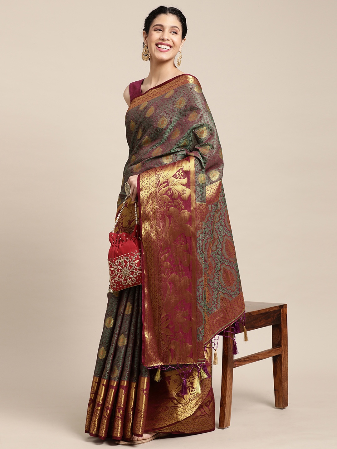 

MIMOSA Purple & Gold-Toned Ethnic Motifs Zari Art Silk Kanjeevaram Saree