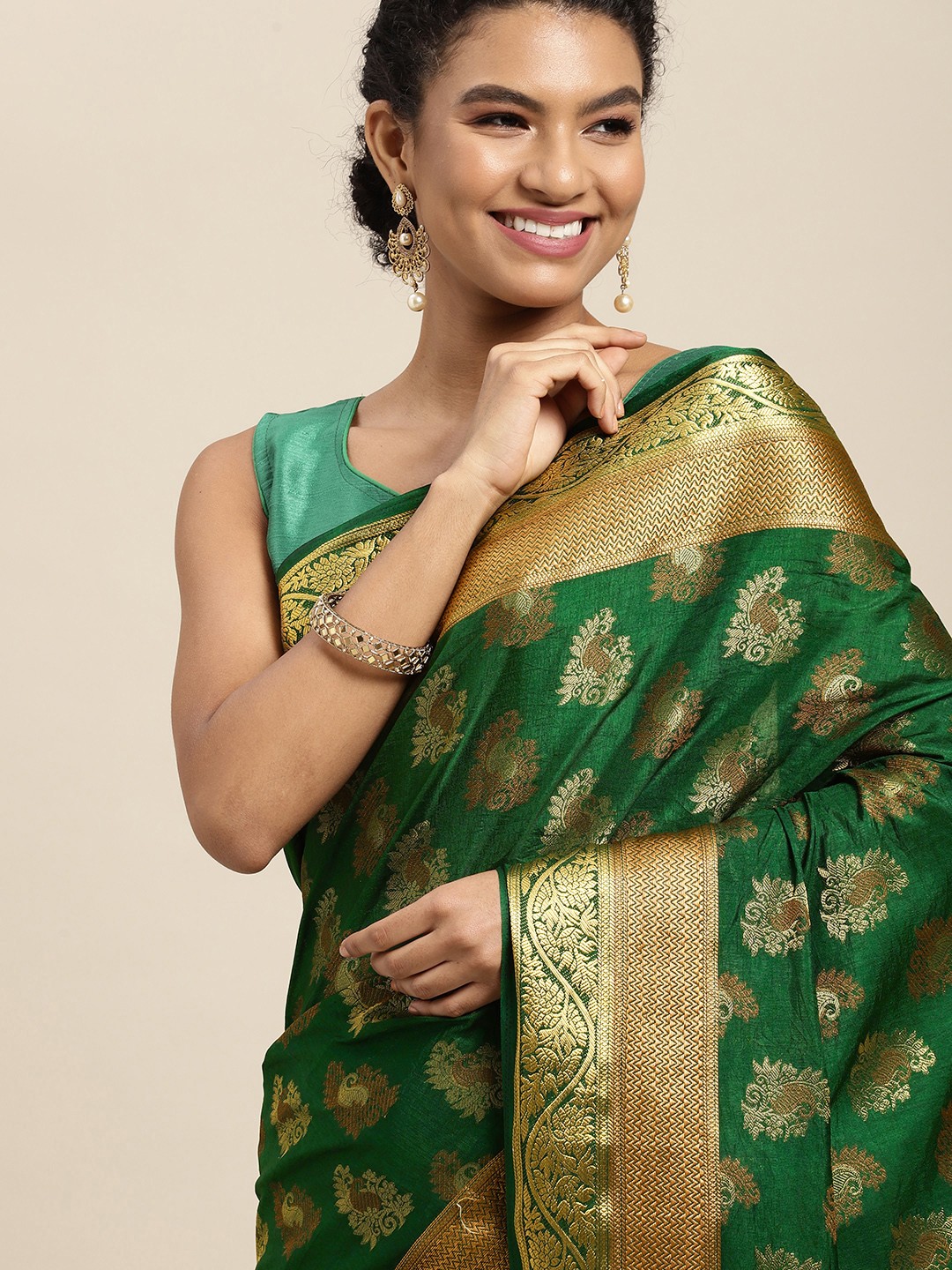 

MIMOSA Green & Golden Ethnic Motifs Art Silk Saree