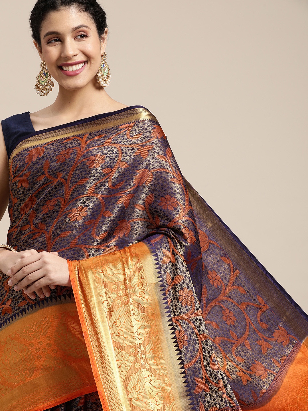 

MIMOSA Navy Blue & Orange Ethnic Motifs Saree