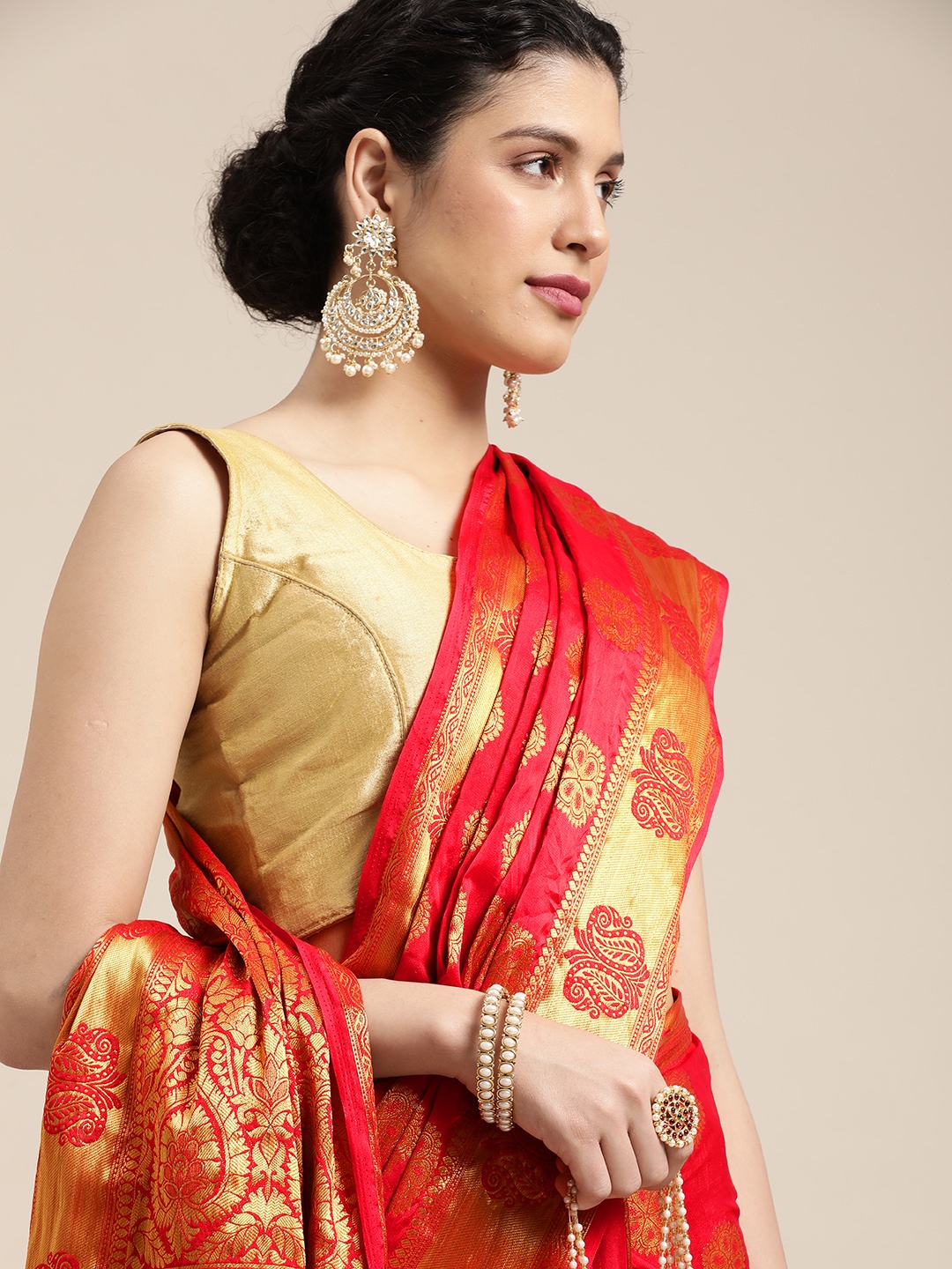 

MIMOSA Red & Gold-Toned Ethnic Motifs Zari Mysore Silk Saree