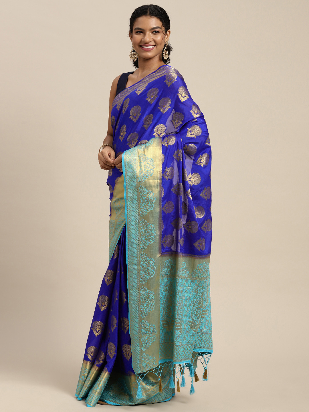 

MIMOSA Blue & Golden Ethnic Motifs Zari Mysore Silk Saree