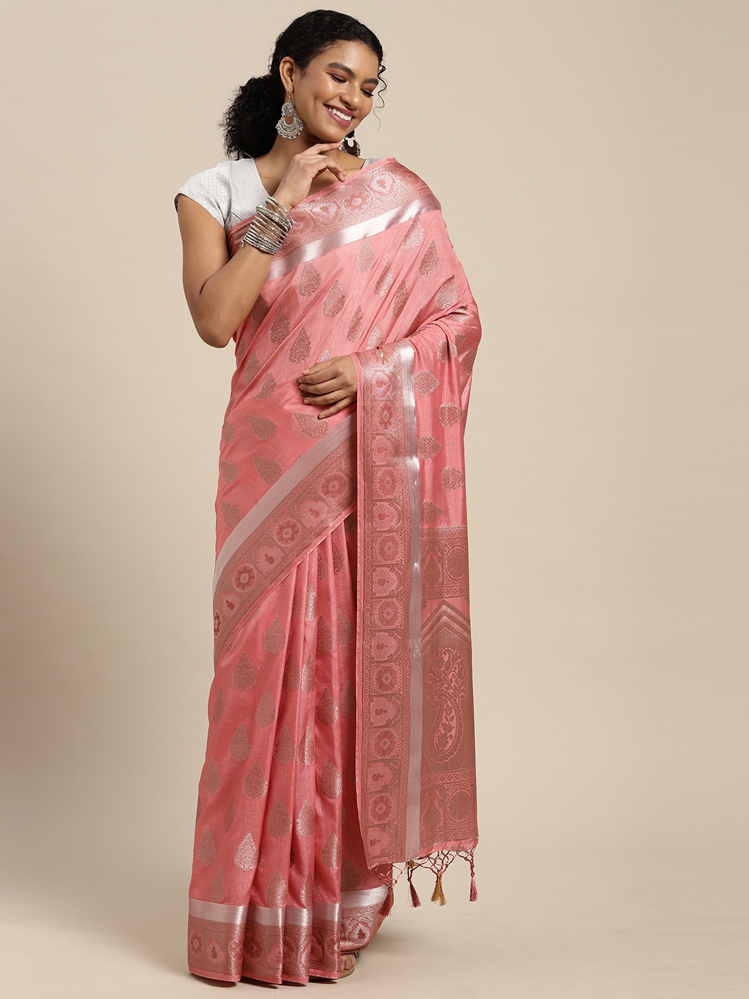 

MIMOSA Pink & Silver Ethnic Motifs Zari Art Silk Kanjeevaram Saree