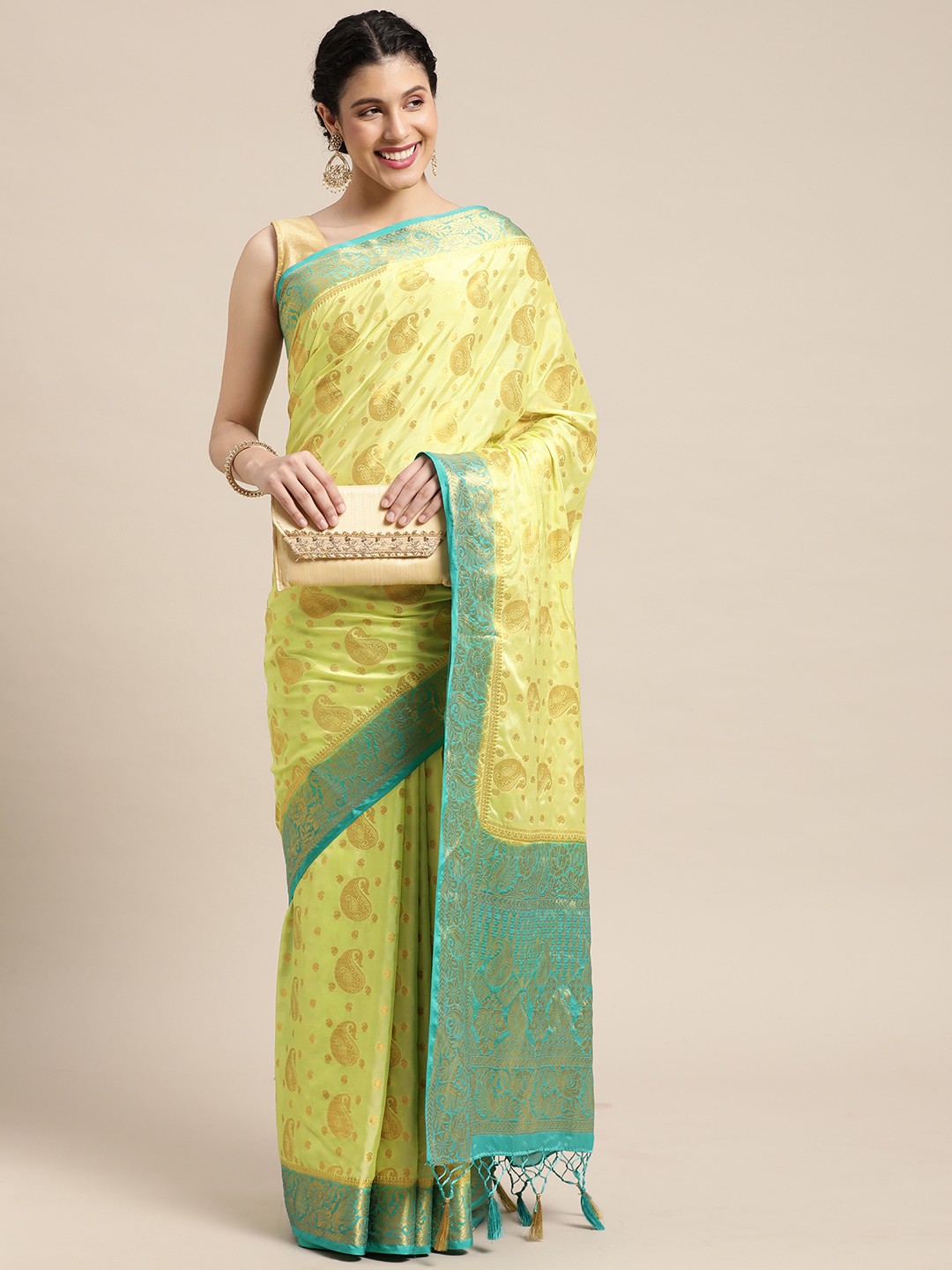 

MIMOSA Lime Green Ethnic Motifs Zari Mysore Silk Saree