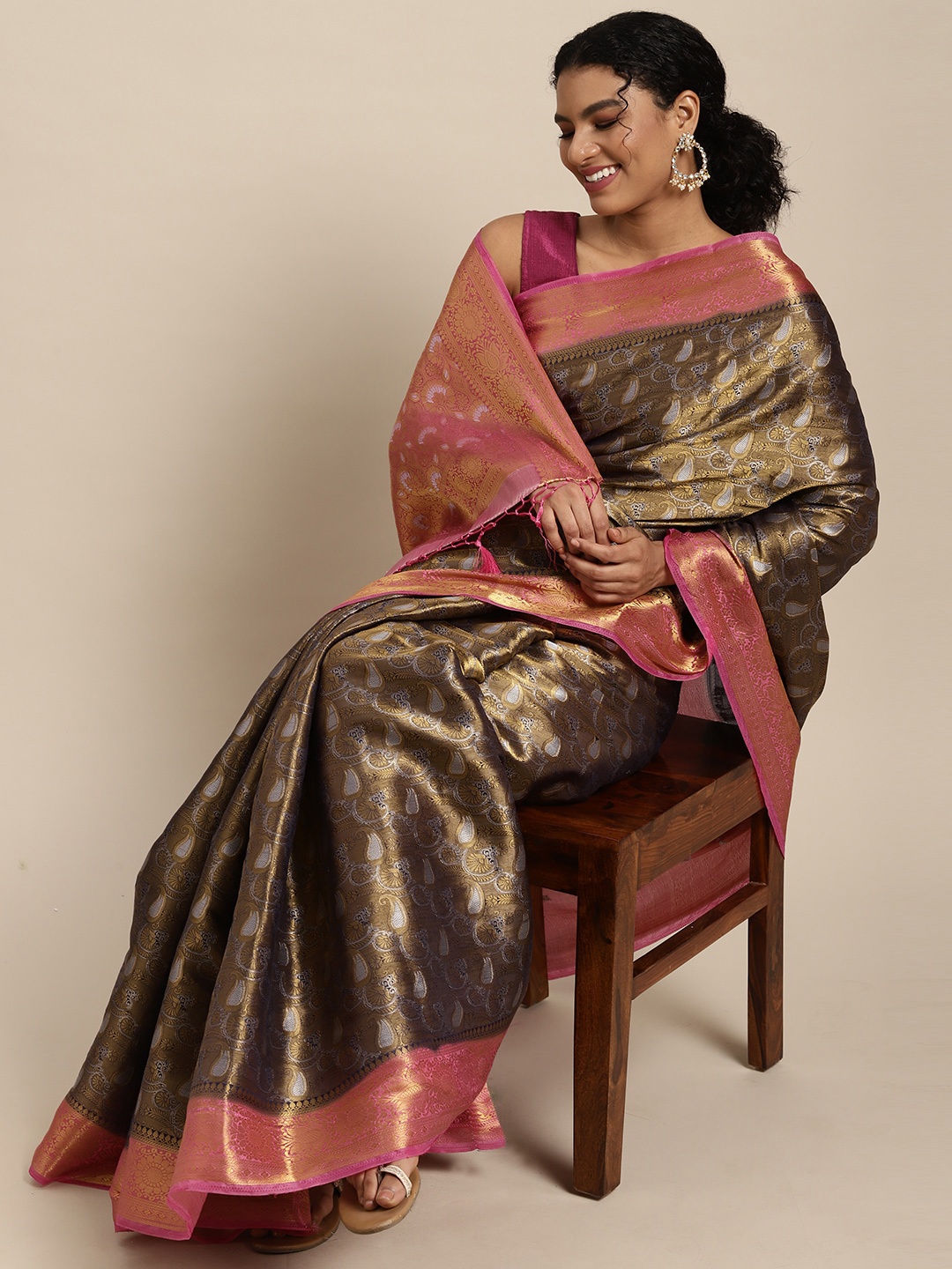 

MIMOSA Olive Brown & Pink Ethnic Motifs Zari Art Silk Kanjeevaram Saree