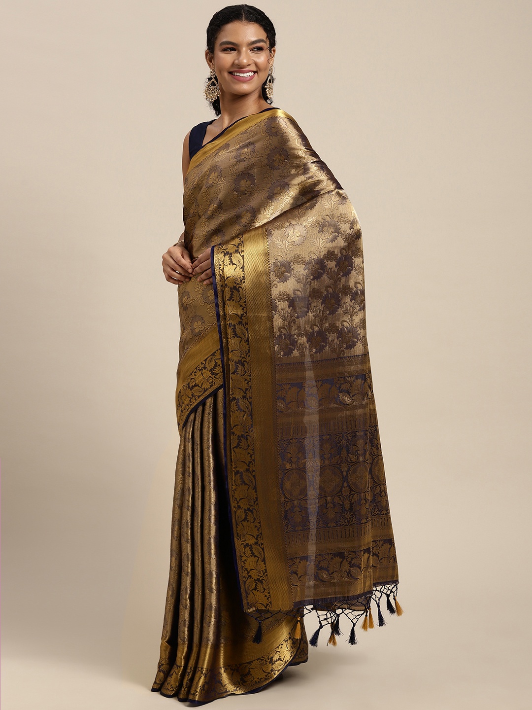 

MIMOSA Navy Blue & Golden Ethnic Motifs Zari Art Silk Kanjeevaram Saree