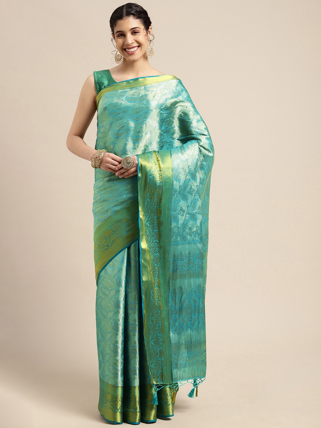 

MIMOSA Turquoise Blue Ethnic Motifs Zari Art Silk Kanjeevaram Saree