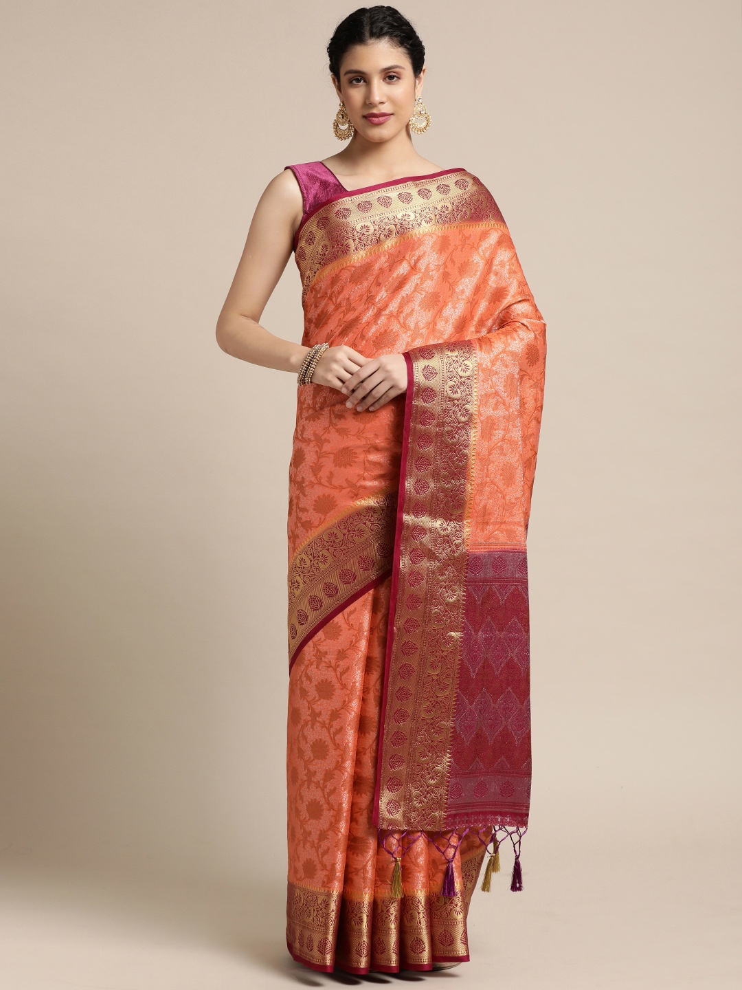 

MIMOSA Peach-Coloured & Maroon Ethnic Motifs Zari Art Silk Kanjeevaram Saree