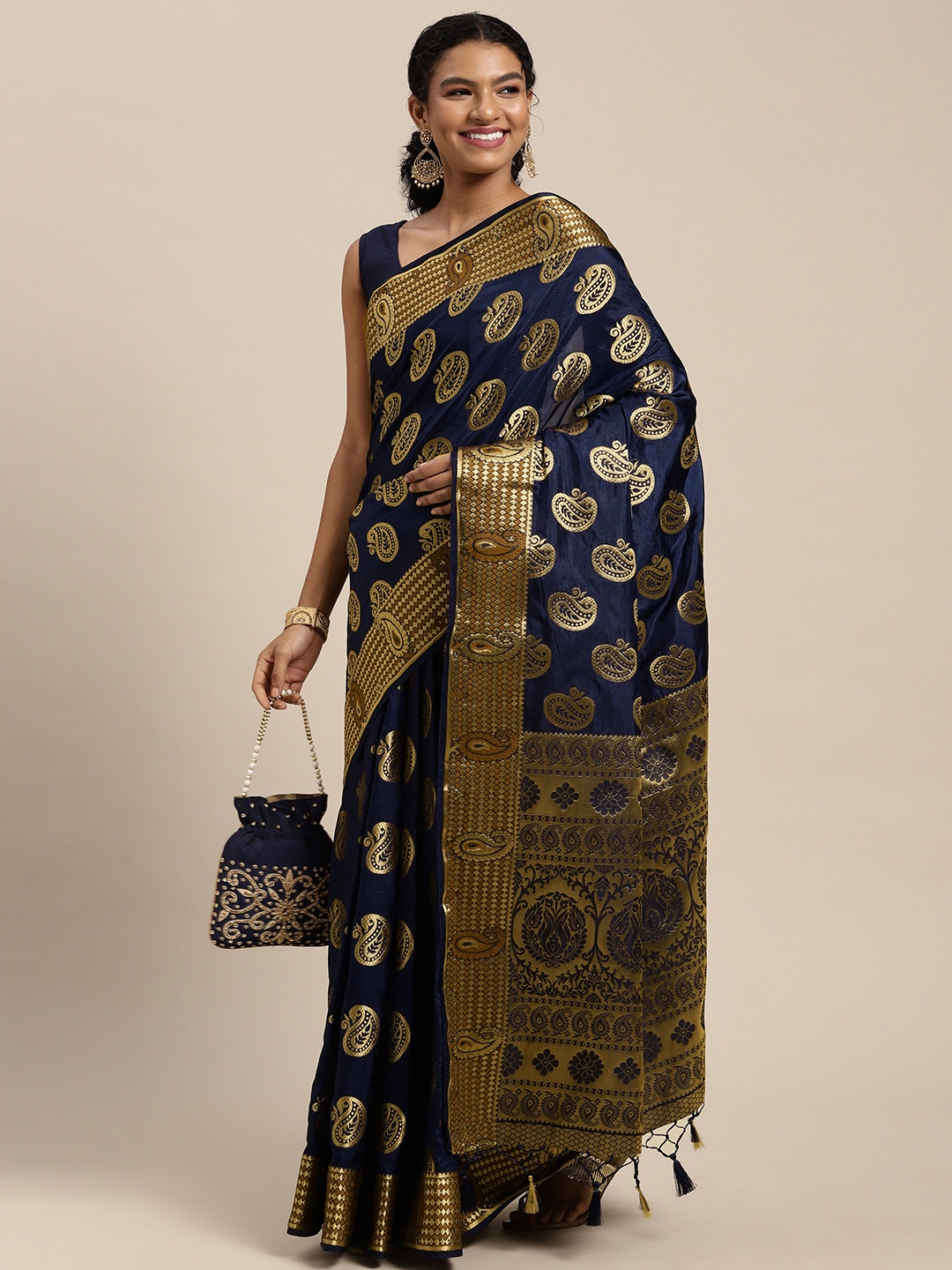 

MIMOSA Navy Blue & Golden Ethnic Motifs Zari Art Silk Kanjeevaram Saree