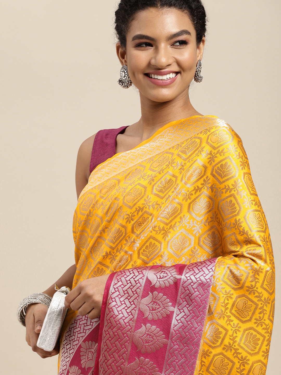 

MIMOSA Yellow & Pink Ethnic Motifs Saree