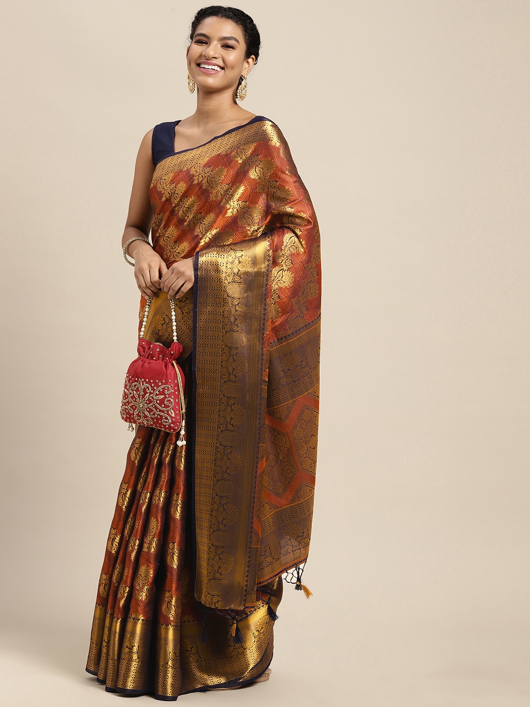 

MIMOSA Navy Blue & Brown Ethnic Motifs Saree