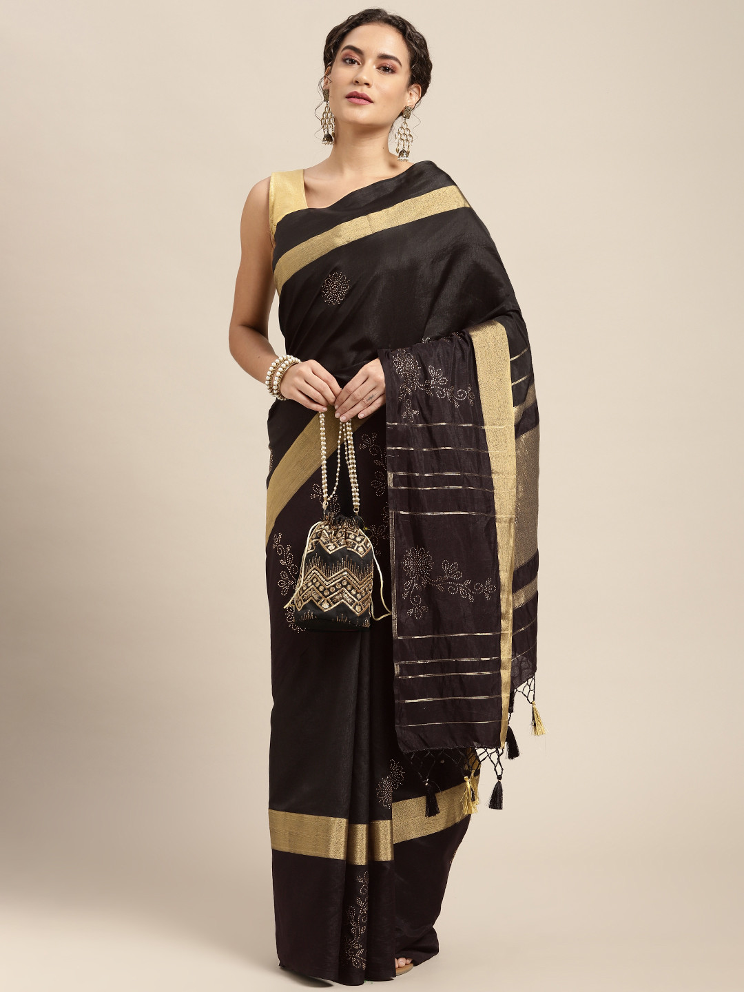 

MIMOSA Black & Gold-Toned Floral Beads and Stones Embellished Art Silk Banarasi Saree