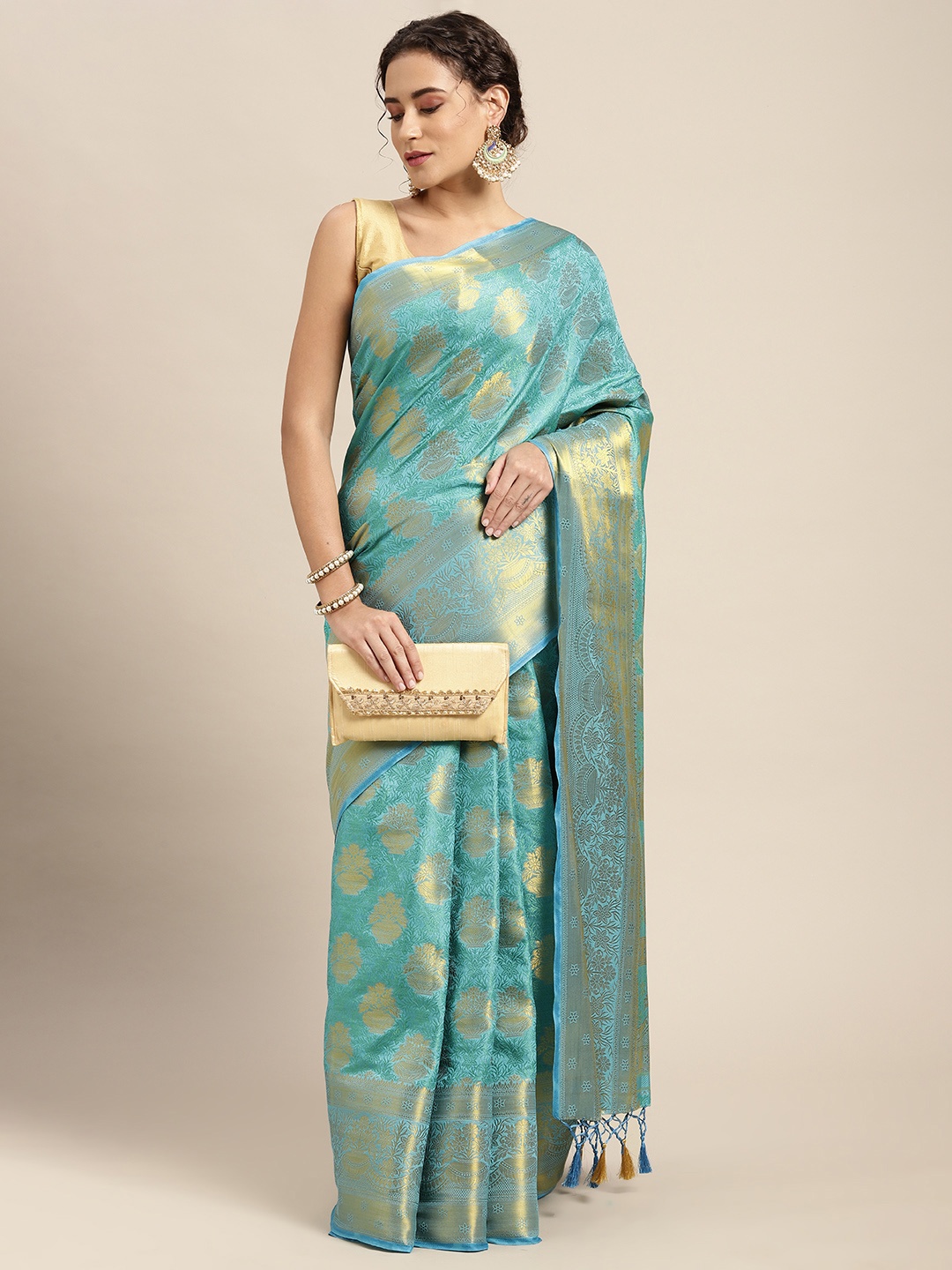 

MIMOSA Turquoise Blue & Gold-Toned Floral Woven Design Zari Art Silk Kanjeevaram Saree