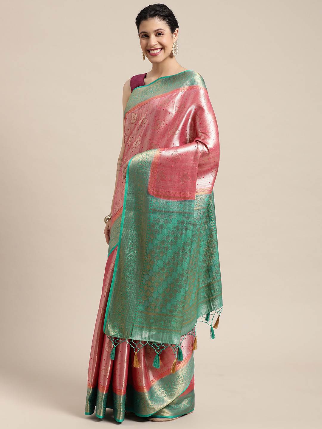 

MIMOSA Pink & Green Floral Art Silk Saree