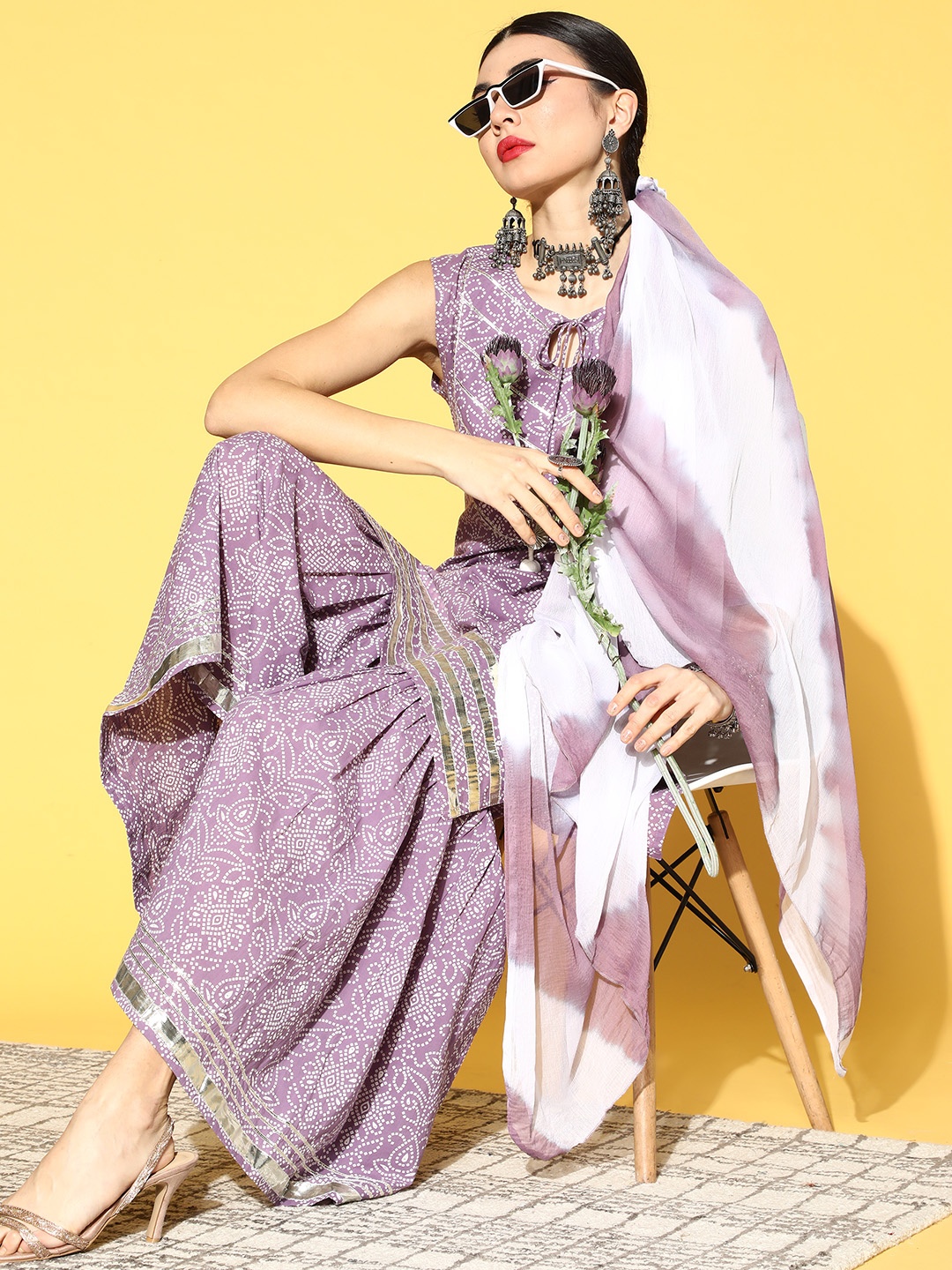

Varanga Bandhani Pure Cotton Short Kurti with Sharara, Lavender