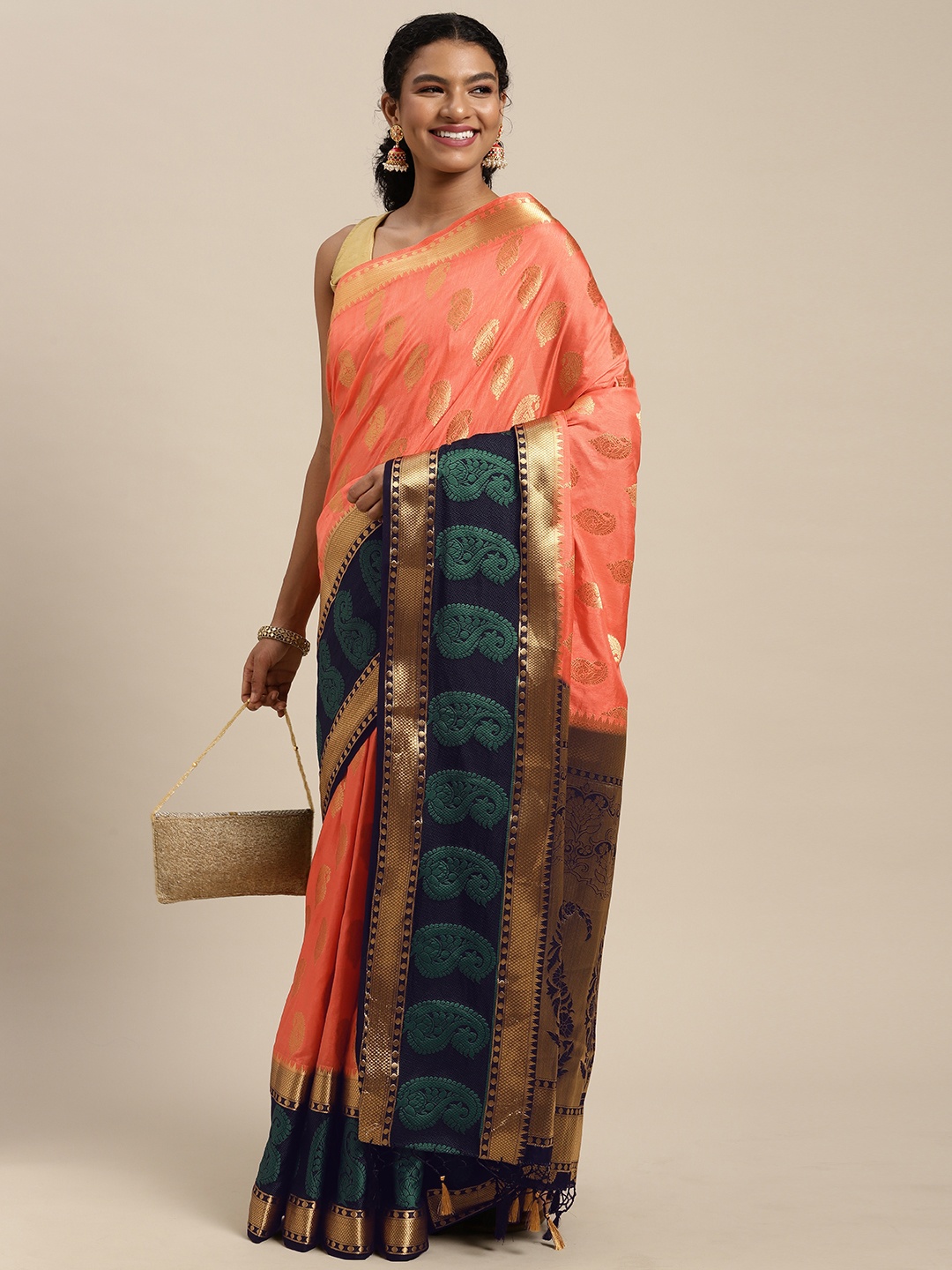 

MIMOSA Peach-Coloured & Black Ethnic Motifs Zari Art Silk Kanjeevaram Saree