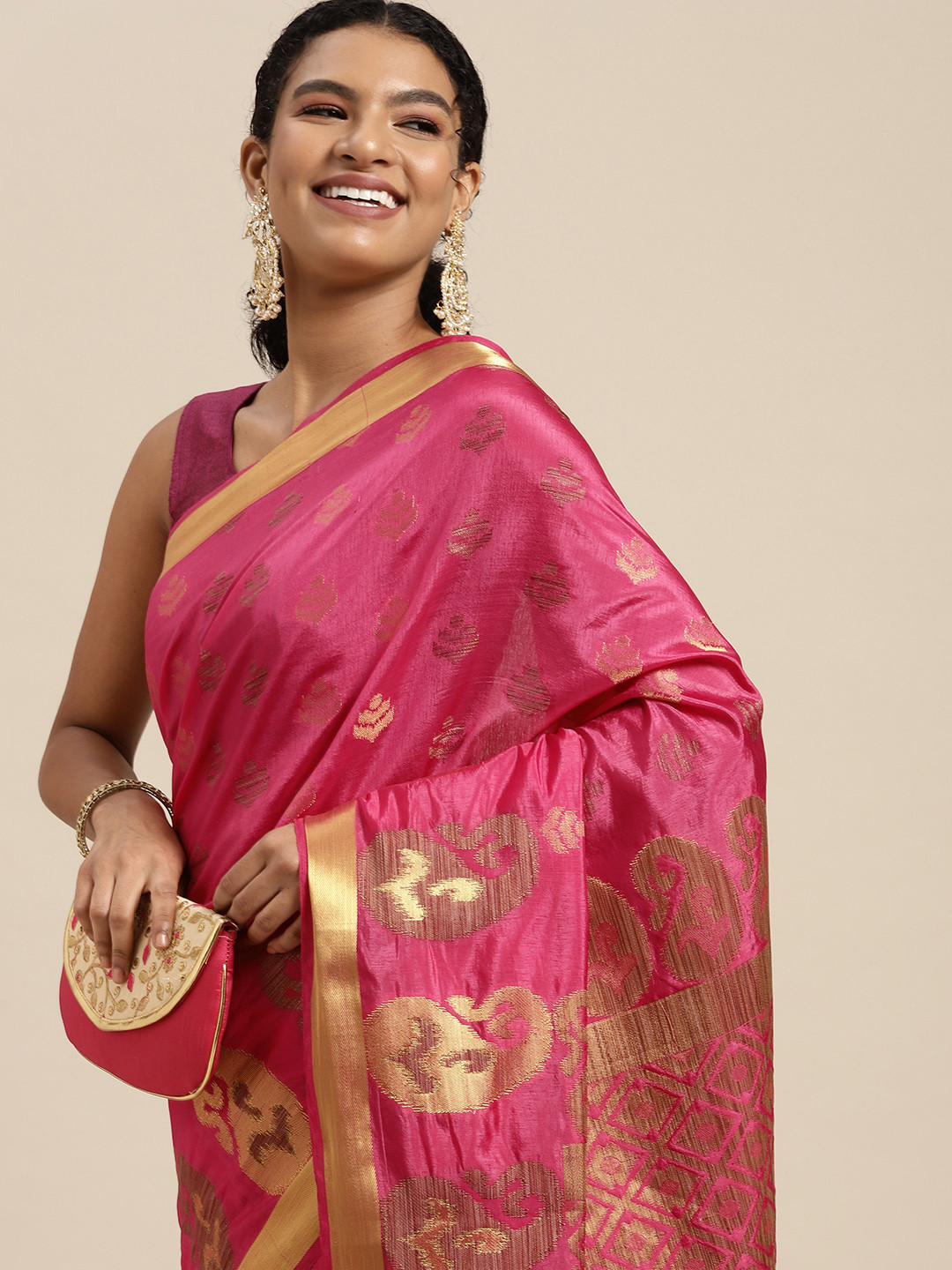 

MIMOSA Pink & Golden Ethnic Motifs Zari Art Silk Kanjeevaram Saree