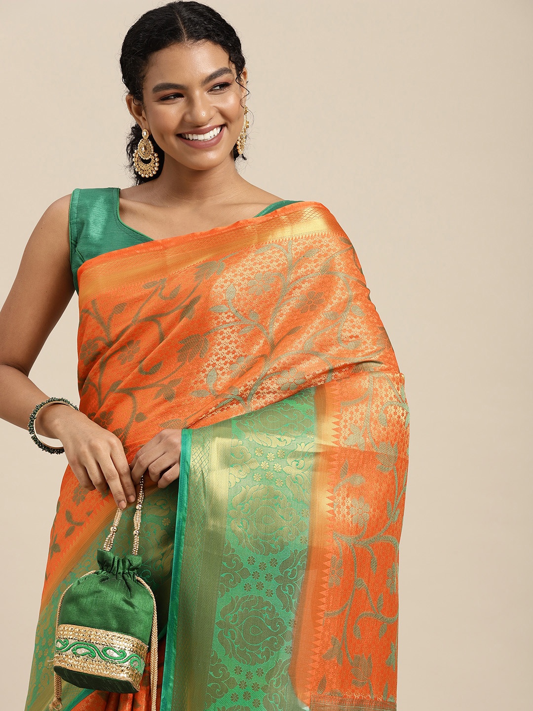 

MIMOSA Orange & Green Ethnic Motifs Zari Art Silk Kanjeevaram Saree