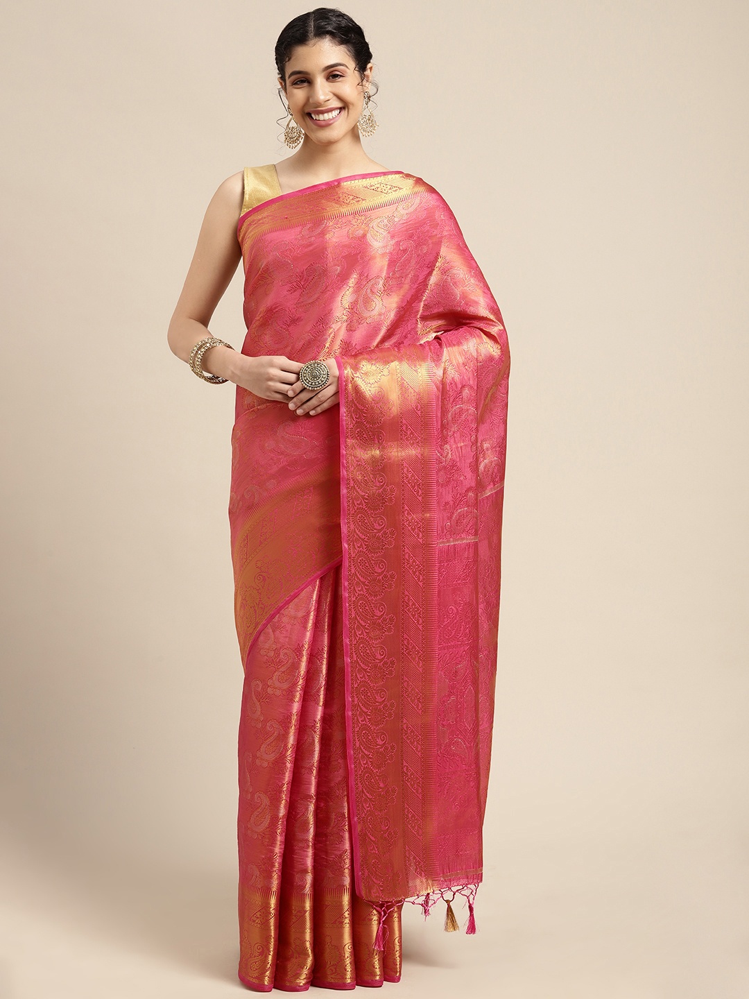 

MIMOSA Pink Ethnic Motifs Kanjeevaram Art Silk Saree