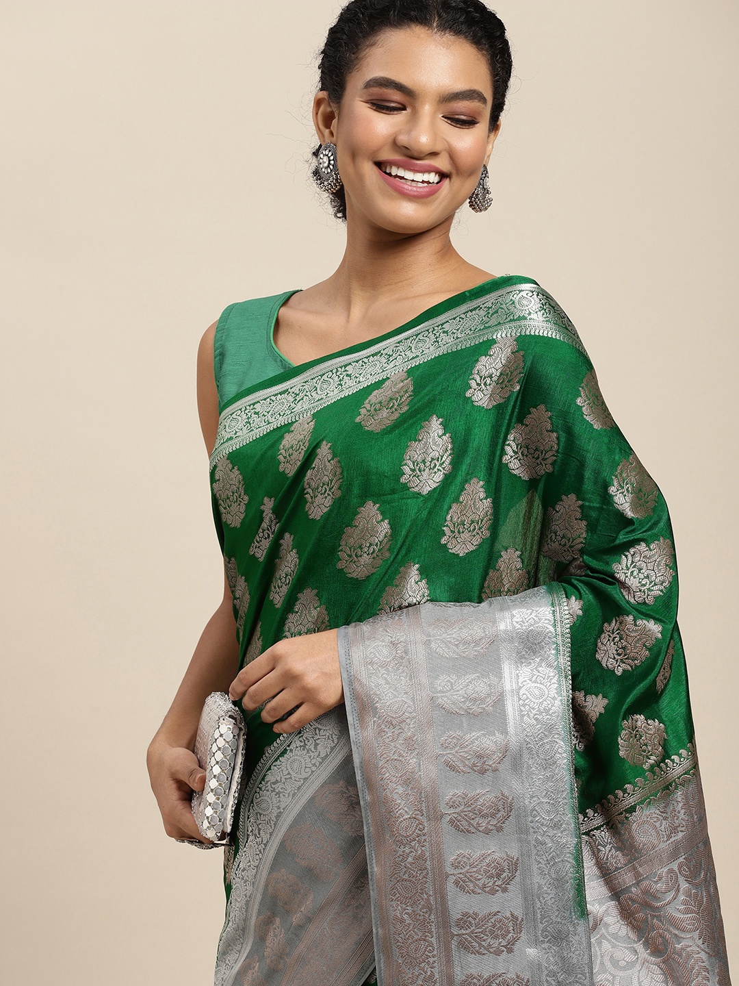 

MIMOSA Green & Silver Ethnic Motifs Saree