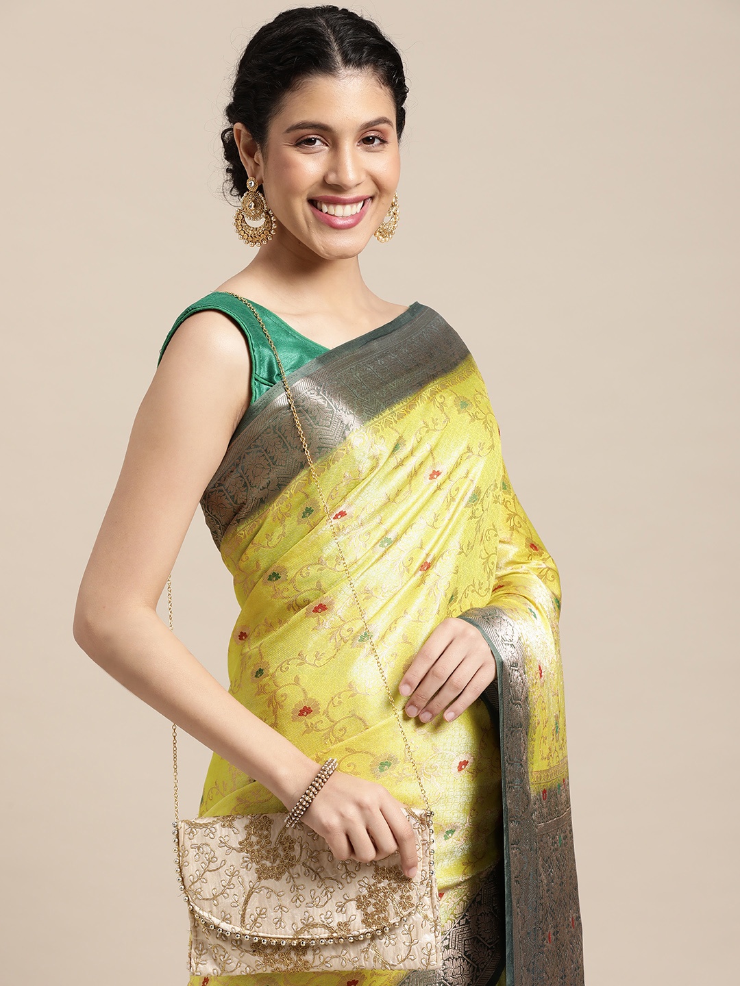 

MIMOSA Yellow & Grey Ethnic Motifs Zari Art Silk Kanjeevaram Saree