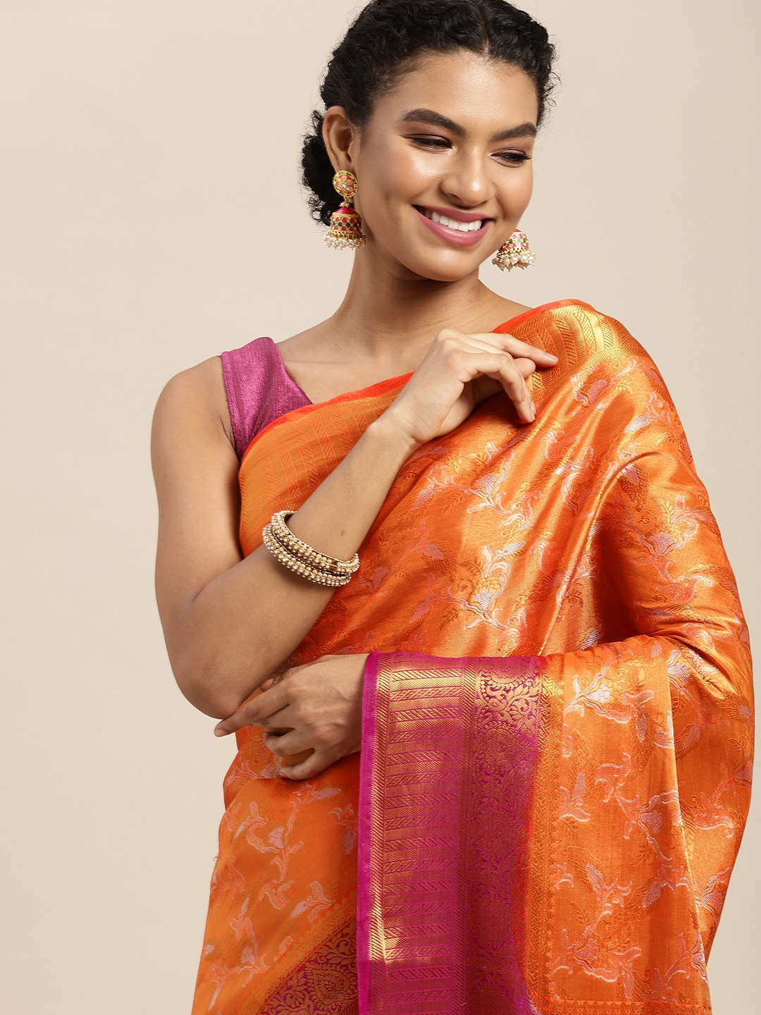 

MIMOSA Orange & Maroon Ethnic Motifs Saree