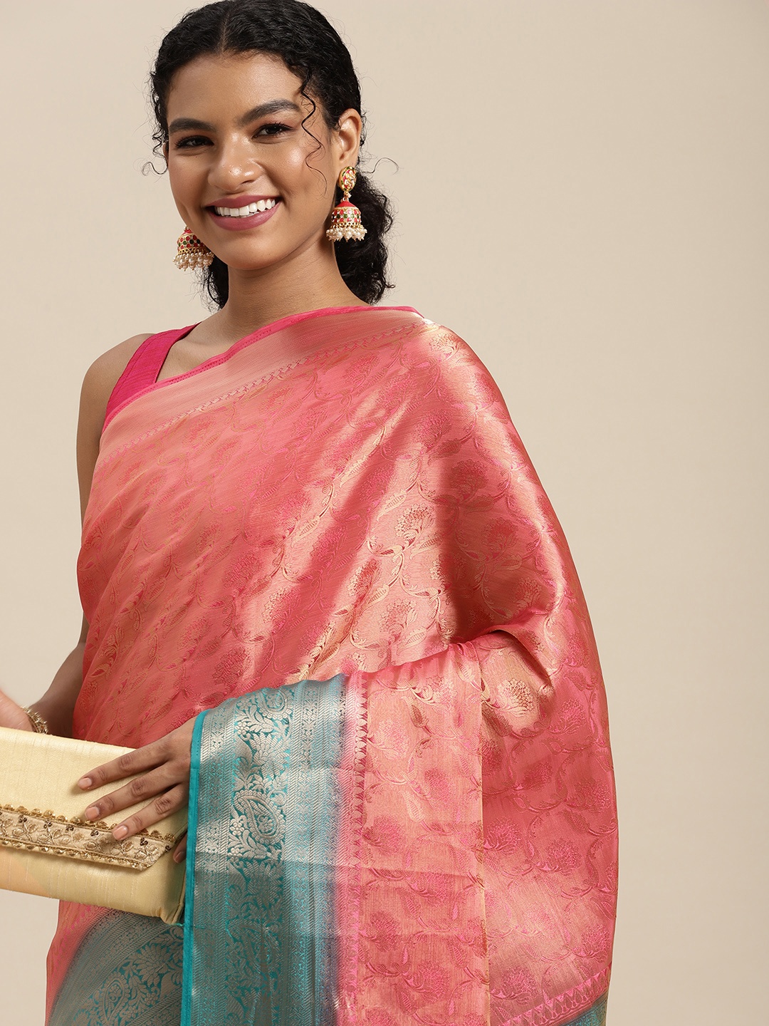 

MIMOSA Pink & Green Ethnic Motifs Zari Art Silk Kanjeevaram Saree